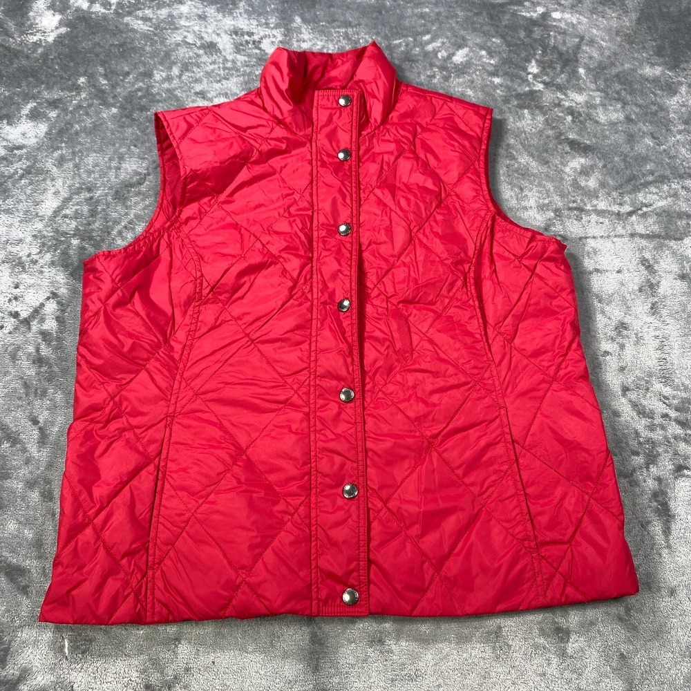 Lands End Puffer Vest Women Large 14-16 Red Snap Up Pockets Down Quilted Outdoor